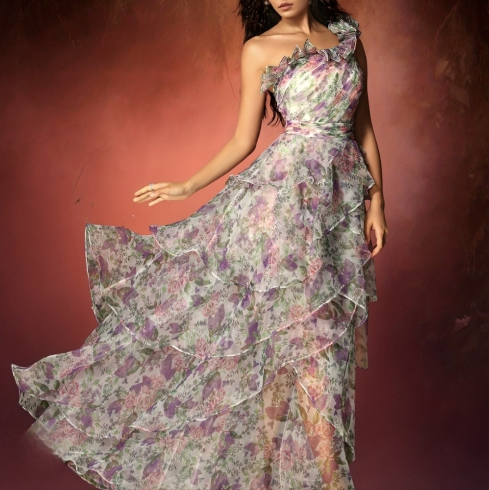 Floral Organza Ruffle One Shoulder Gown Dress Sz 12 Fairycore Wedding Maternity